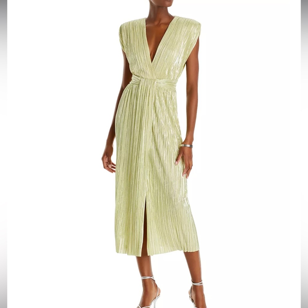 NWT Sabina Musayev Margo Pleated V Neck Midi Dress Size XS In Lime